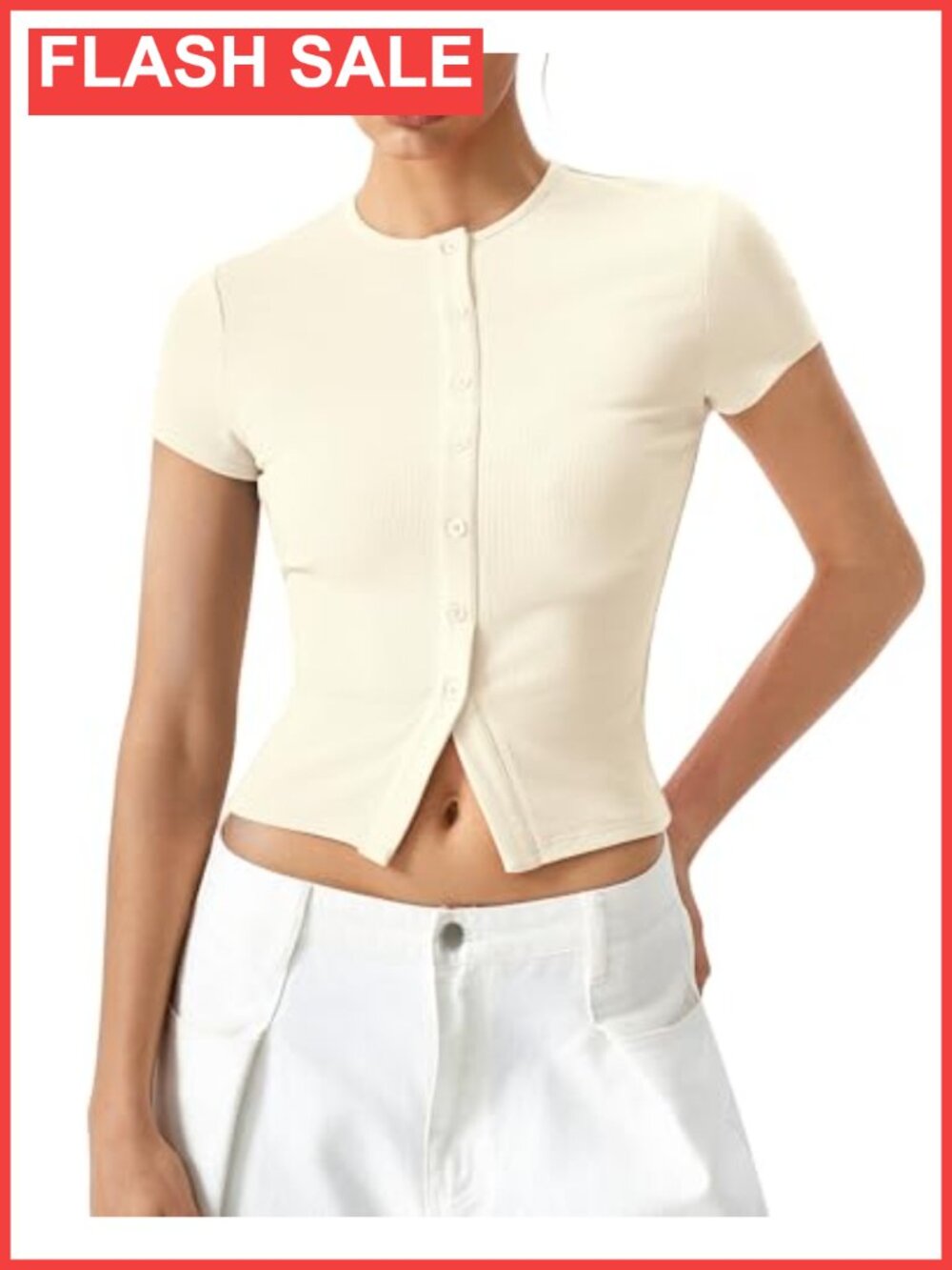 Ribbed Knit Button Front Short Sleeve Crop Top Slim Fit Going Out